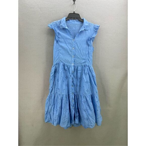 120% Lino Womens Blue Linen Flutter Eyelet Tiered Button Down Midi Dress Size 44 - Picture 1 of 11